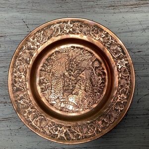 Vintage Etched Engraved and Hammered Copper Plate Wall Hanging or Table Tray